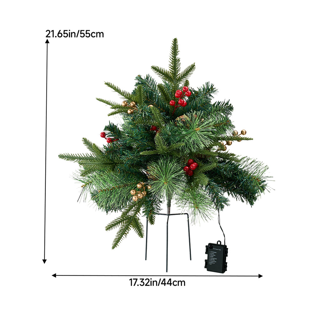 Artificial Christmas tree urn filler decoration with string lights by Garden Sanctuary, featuring lush greenery and festive lights.