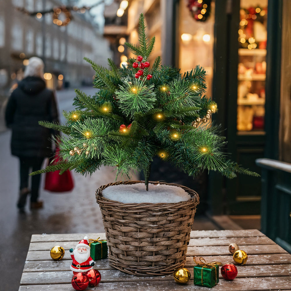 Artificial Christmas tree urn filler decoration with string lights, ideal for holiday festive arrangements by Garden Sanctuary.