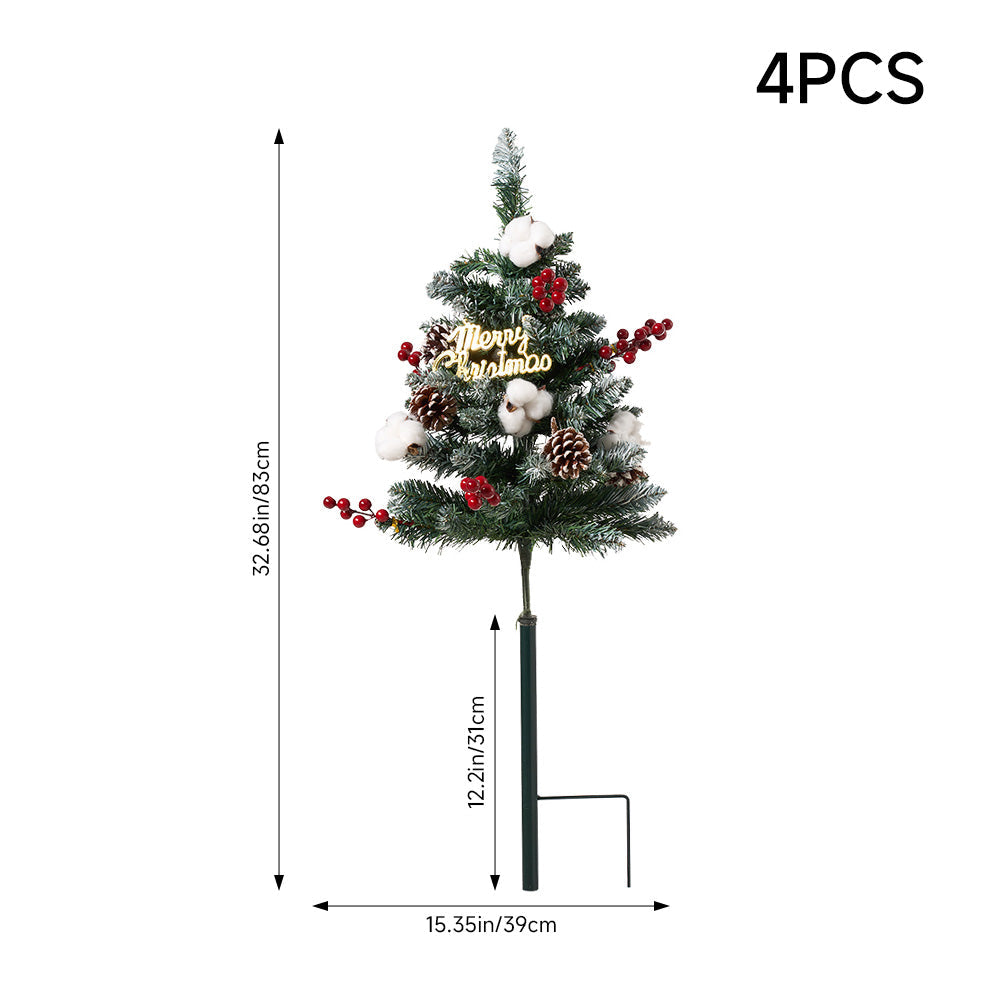 Set of 4 solar-powered artificial Christmas tree decorations with string lights by Garden Sanctuary, featuring festive holiday designs