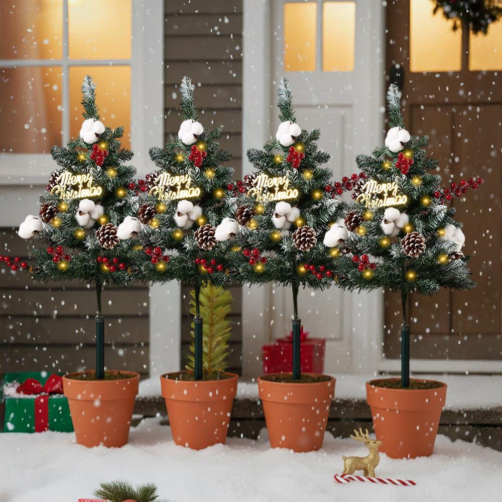 Set of 4 solar-powered artificial Christmas tree decorations with string lights, holiday-themed Garden Sanctuary Christmas ornaments