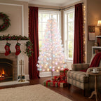 Garden Sanctuary 6ft pre-lit artificial Christmas tree with foldable metal stand, decorated with lights and full evergreen branches.