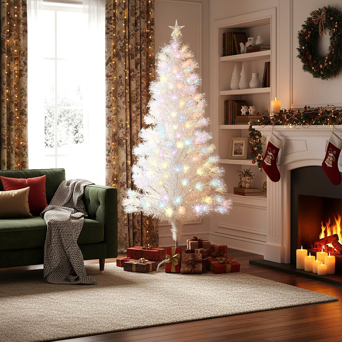 Garden Sanctuary 6ft pre-lit artificial Christmas tree with foldable metal stand, decorated with colorful ornaments and pine needles