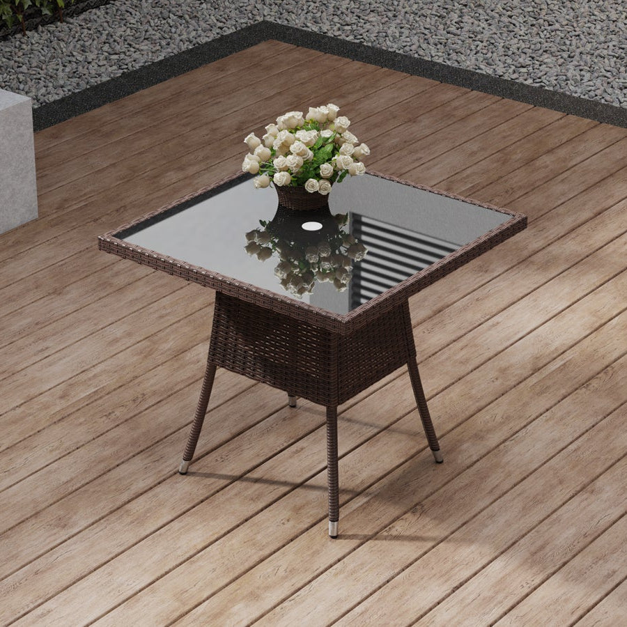 Brown Garden Tempered Glass Square Dining Table with Parasol Hole
