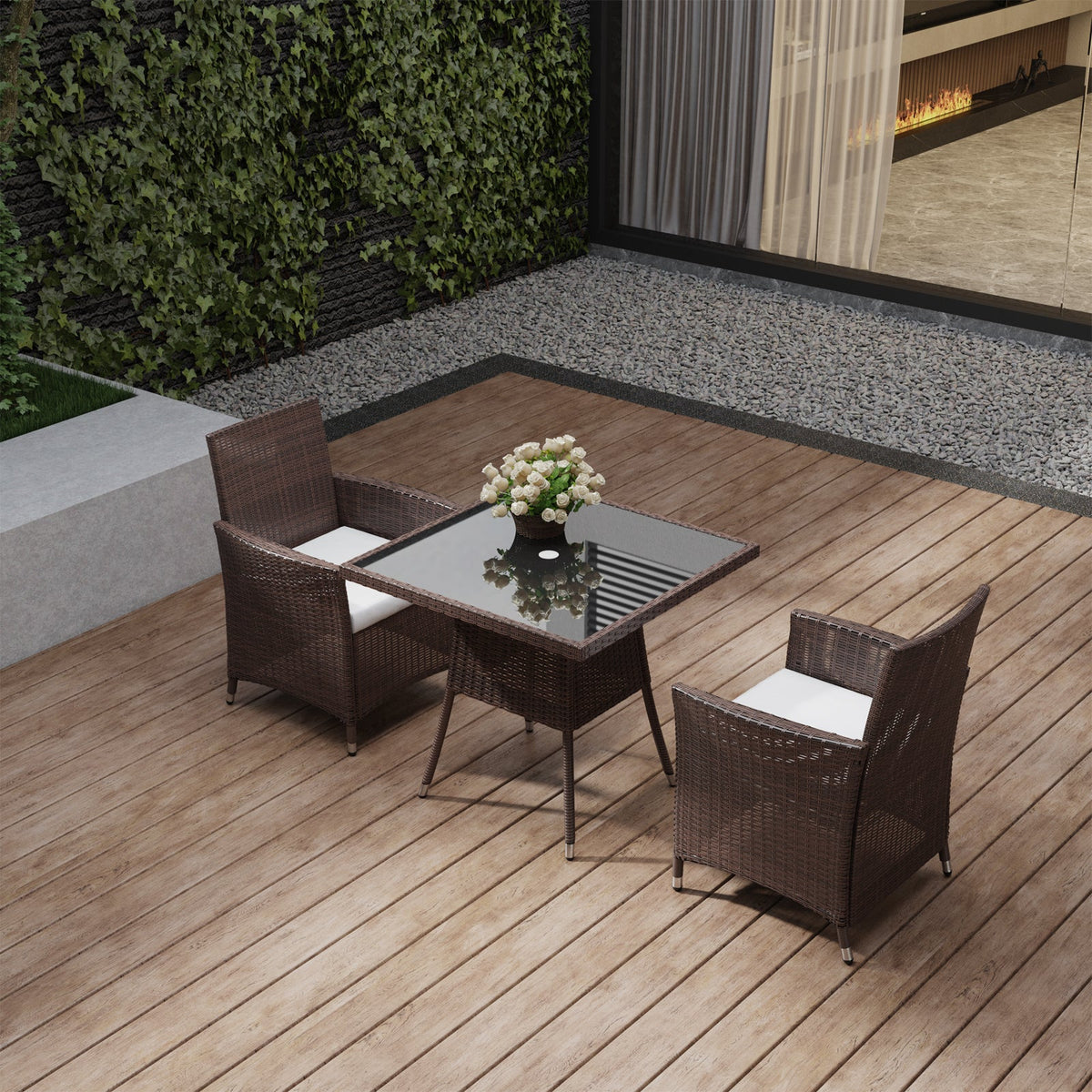 Brown Garden Tempered Glass Square Dining Table with Parasol Hole