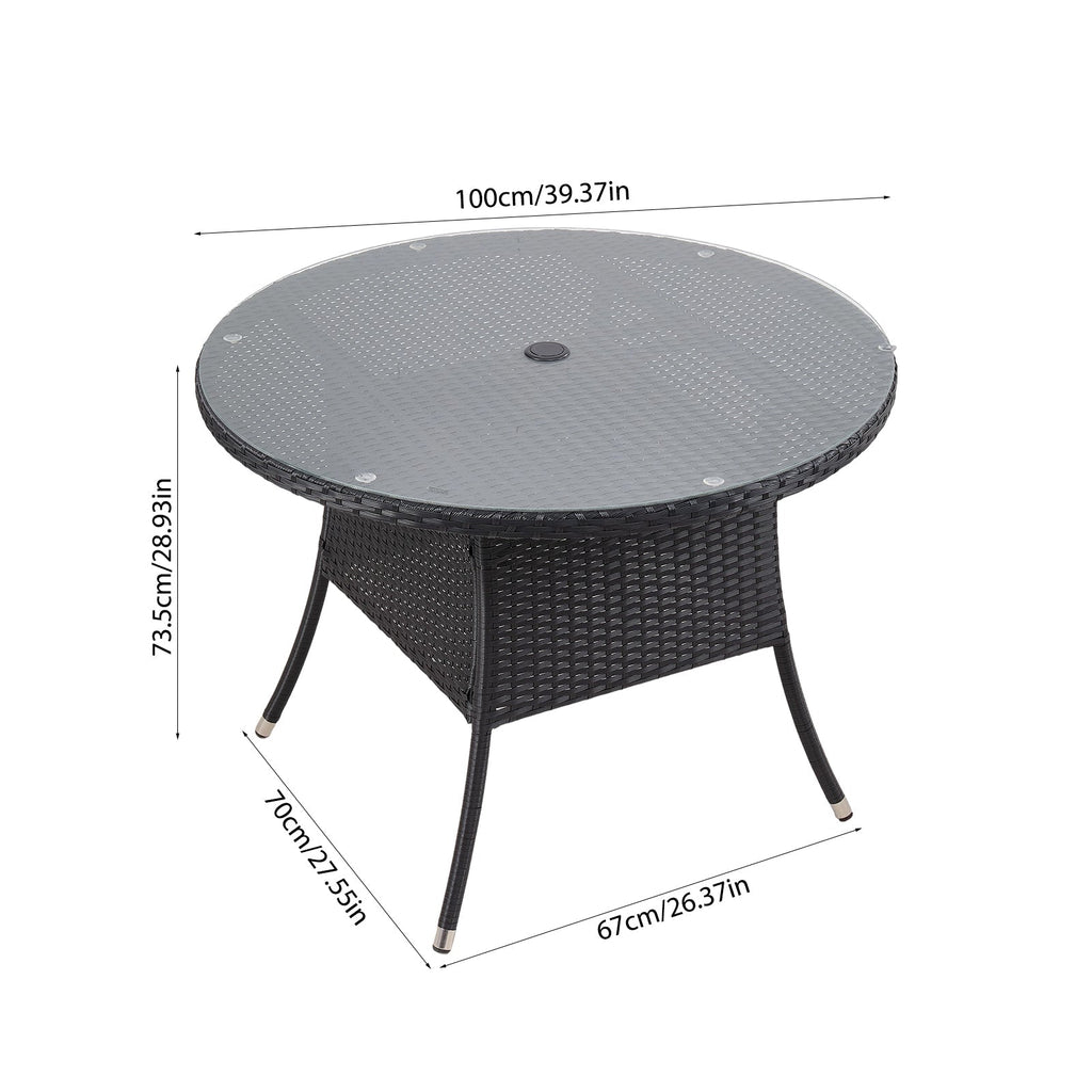 Garden Rattan Tempered Glass Top Round Table with Parasol Hole
