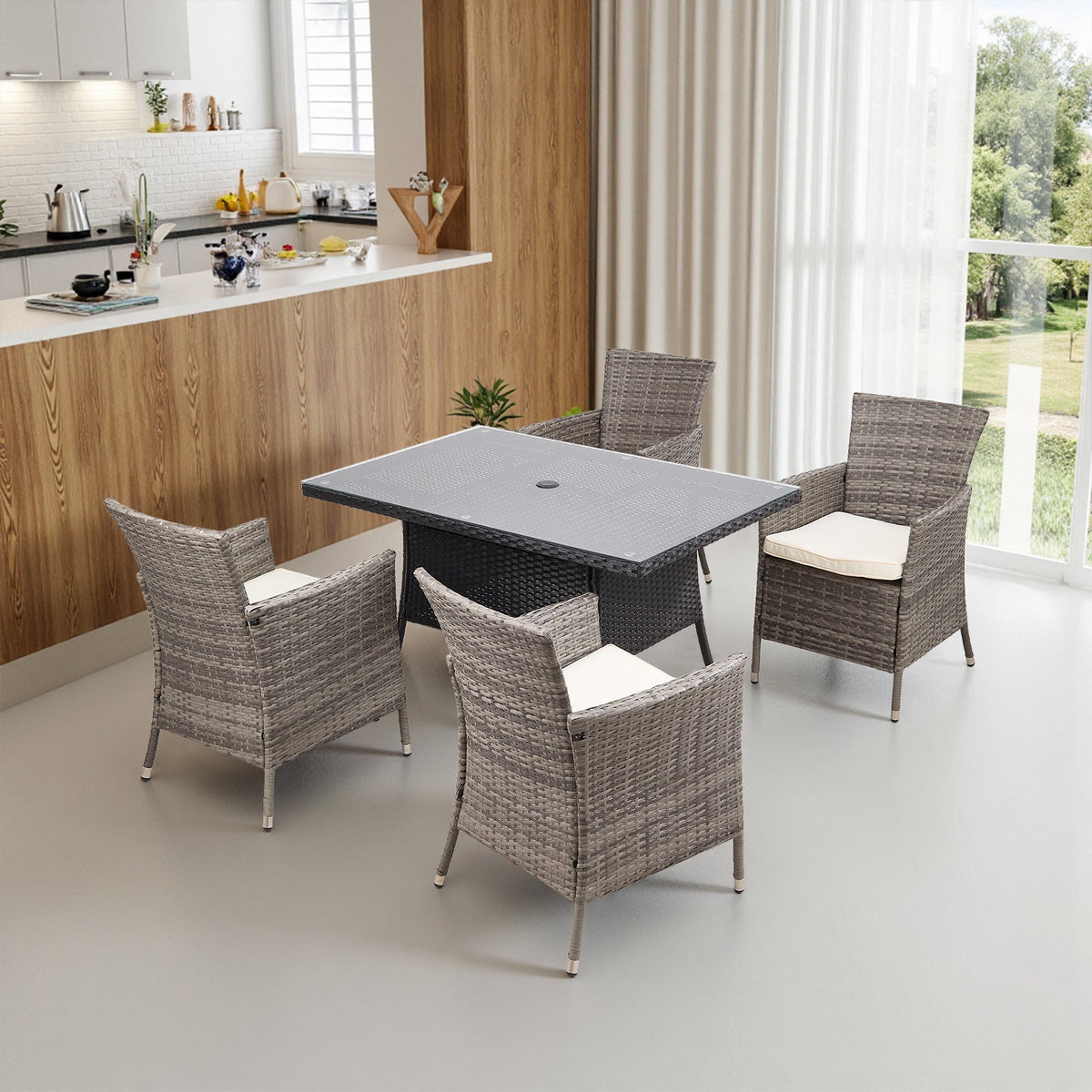 Garden Rattan Tempered Glass Top Rectangular Table with Parasol Hole