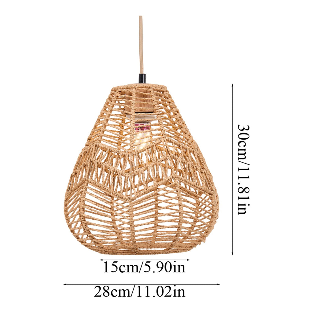 E27 rattan-woven ceiling pendant light by Garden Sanctuary hanging from ceiling with warm woven rattan design.