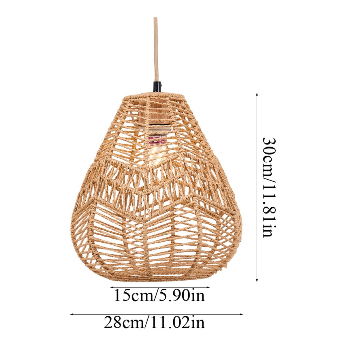 E27 rattan-woven ceiling pendant light by Garden Sanctuary hanging from ceiling with warm woven rattan design.