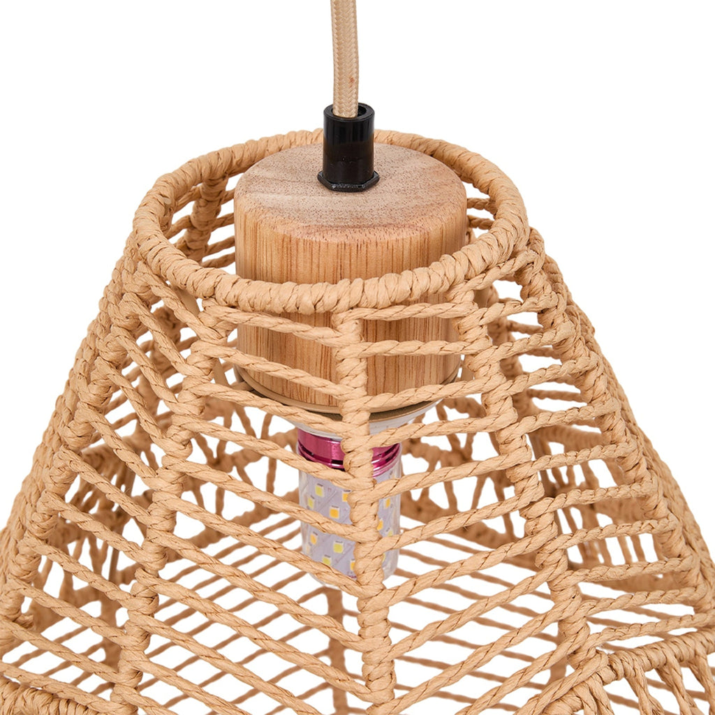 E27 rattan-woven ceiling pendant light from Garden Sanctuary, showcasing a natural, woven rattan design with a hanging fixture.