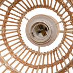 E27 bamboo-woven ceiling pendant light by Garden Sanctuary hanging from ceiling with warm wood tones and woven bamboo shade.