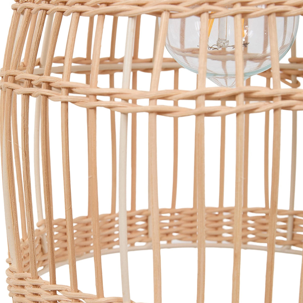 E27 bamboo-woven ceiling pendant light by Garden Sanctuary hanging from ceiling with warm natural tones.