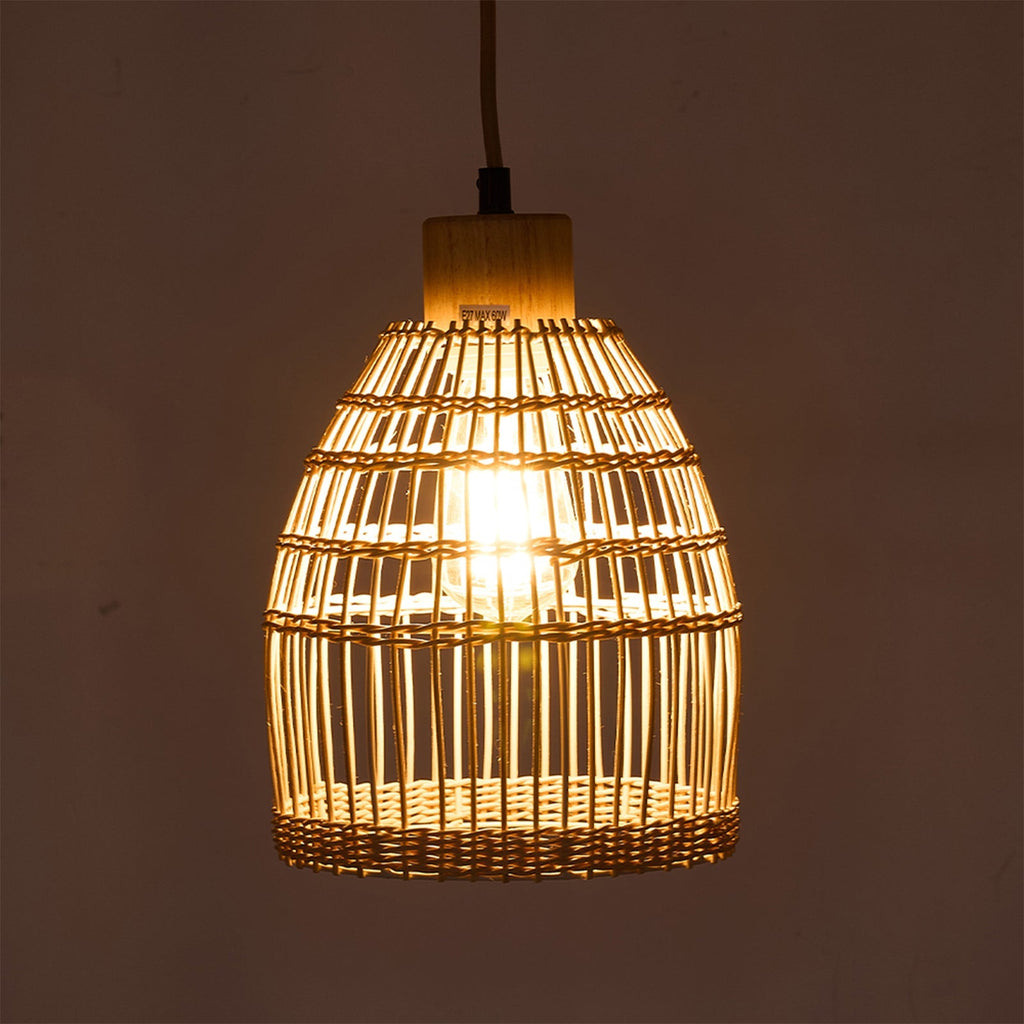E27 bamboo-woven ceiling pendant light by Garden Sanctuary with natural fiber shade hanging from ceiling fixture