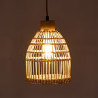 E27 bamboo-woven ceiling pendant light by Garden Sanctuary with natural fiber shade hanging from ceiling fixture