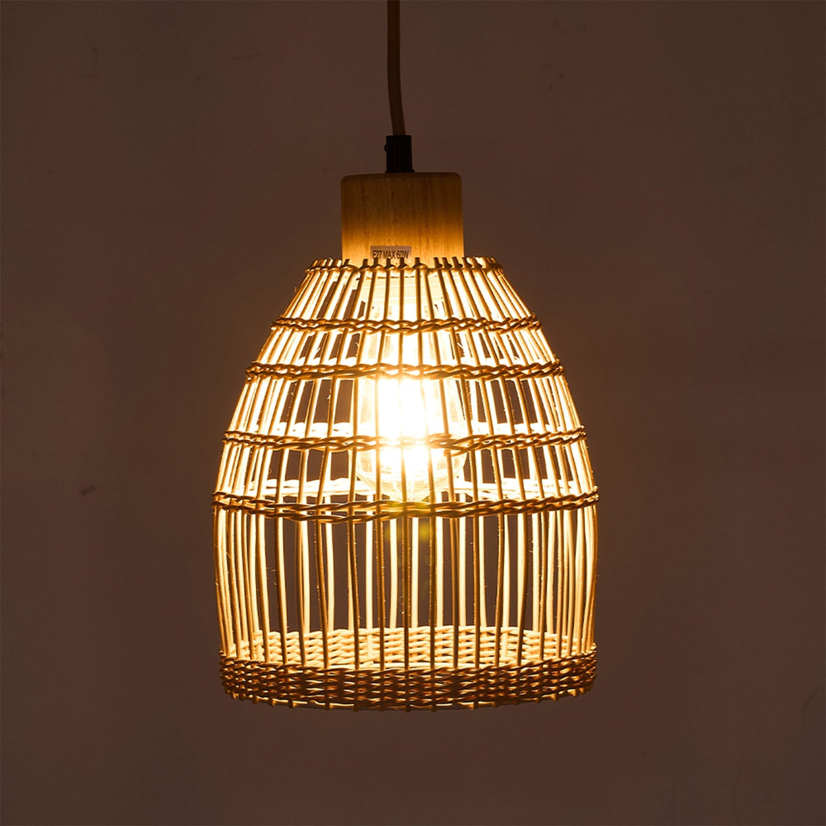E27 bamboo-woven ceiling pendant light by Garden Sanctuary with natural fiber shade hanging from ceiling fixture