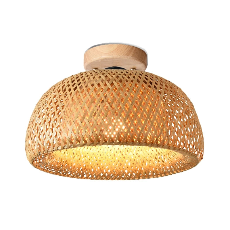 Handmade bamboo pendant light shade by DEMOLIGHTS hanging from a ceiling, showcasing natural woven bamboo design.