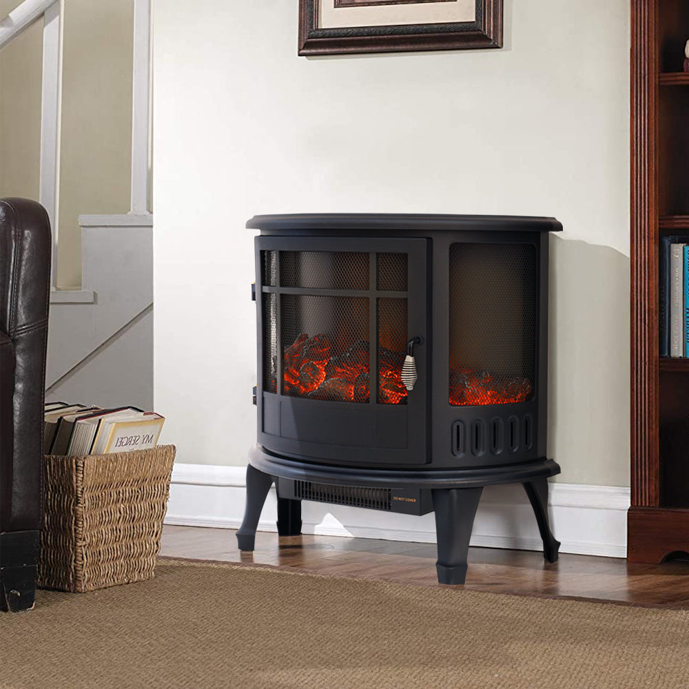 Garden Sanctuary 1800W electric fireplace heater with realistic flame effect and black surround, ideal for indoor heating and ambiance.