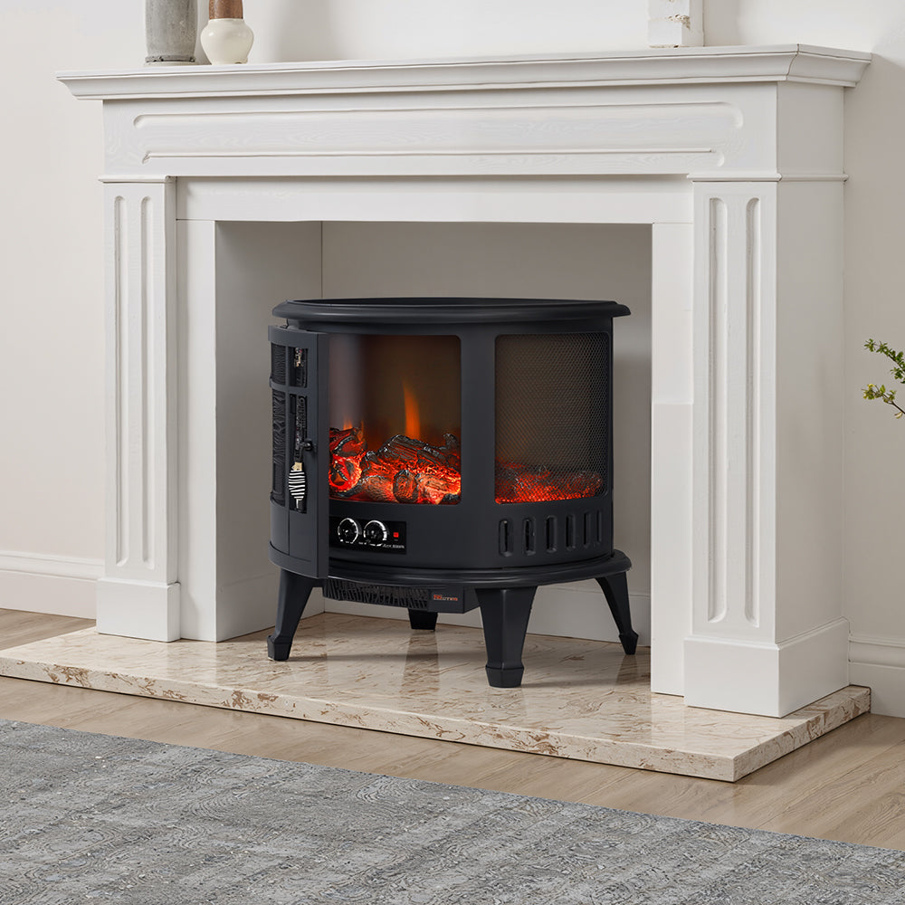 Garden Sanctuary 1800W electric fireplace heater showing realistic flame effect and sleek black design for cozy ambiance.