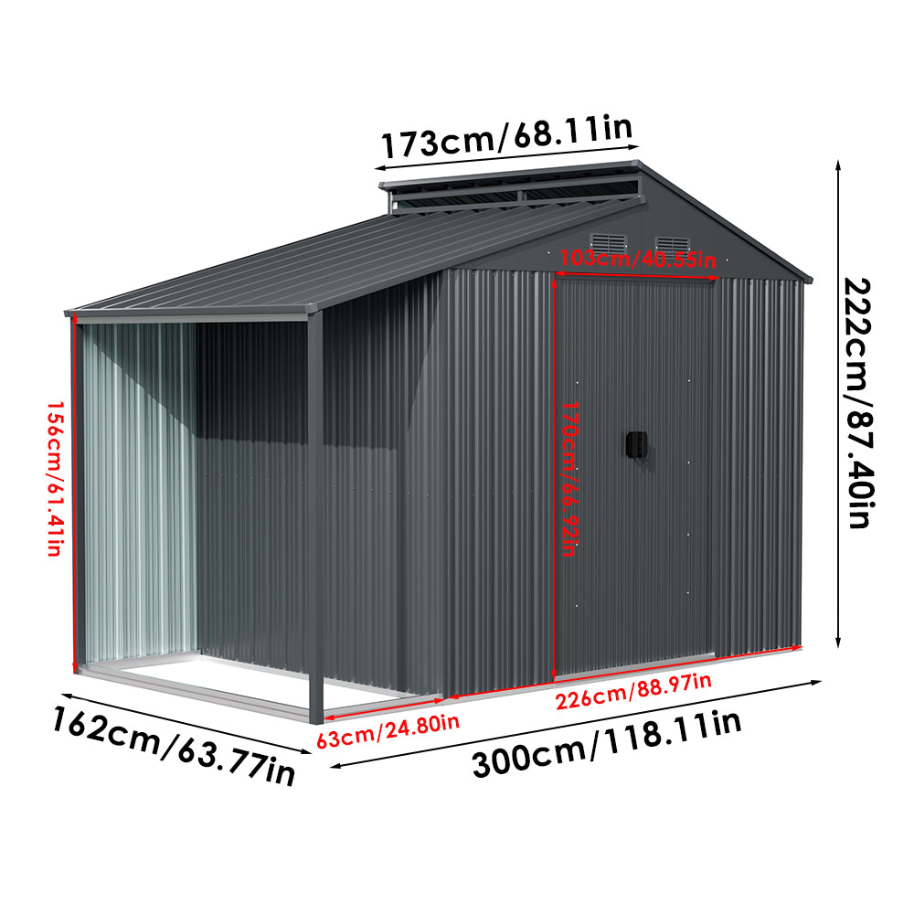 Galvanised Steel Garden Storage Shed with Apex Roof & Side Lean-to