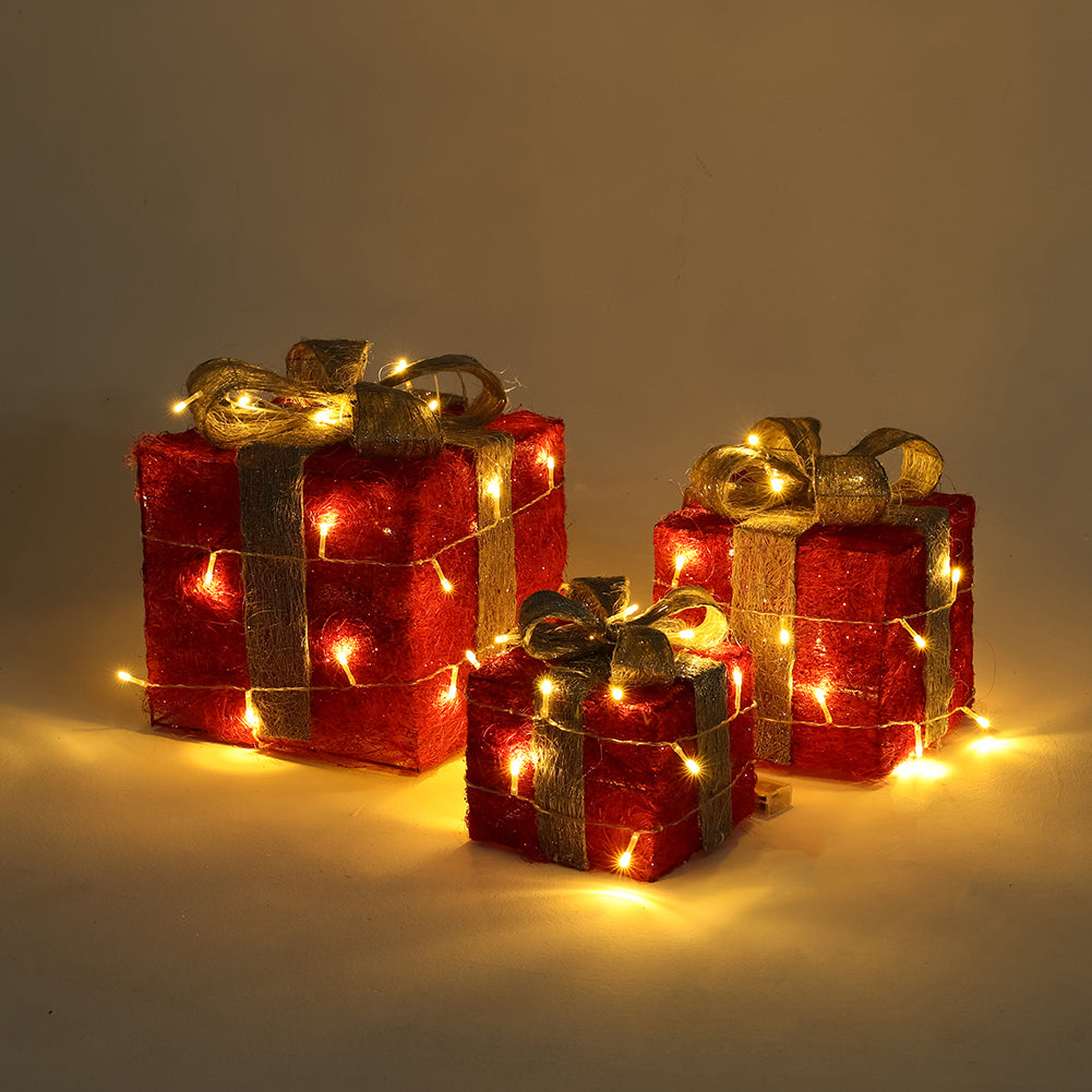 Set of 3 Garden Sanctuary light-up square Christmas gift boxes with glitter, perfect for festive holiday decorations.