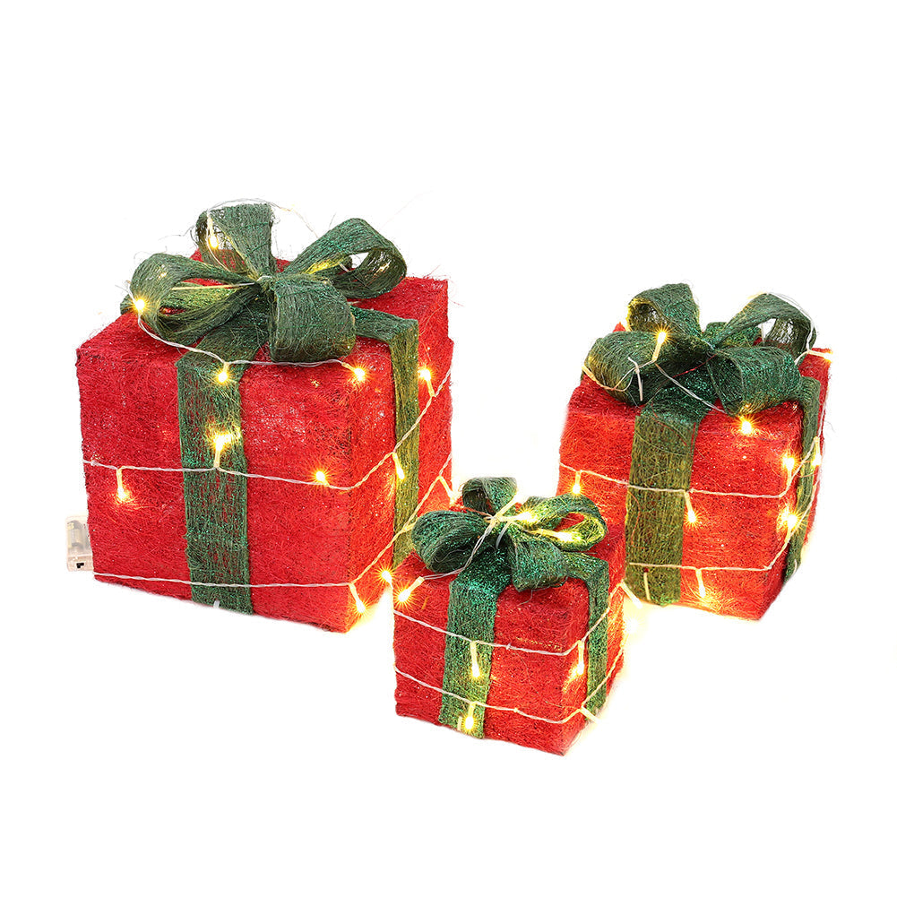 Set of 3 glitter Christmas gift boxes with light-up feature, square shape, festive decoration by Garden Sanctuary.