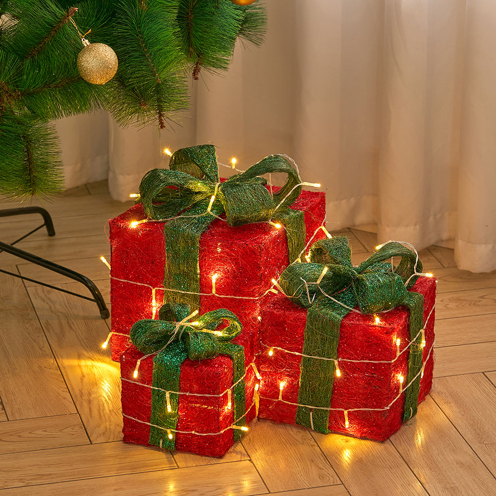 Set of 3 Garden Sanctuary light-up square Christmas gift boxes with glitter, perfect for festive gift decoration.