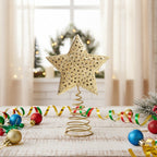 Golden glitter Christmas tree star topper with ornaments, perfect for home holiday decor from Garden Sanctuary.