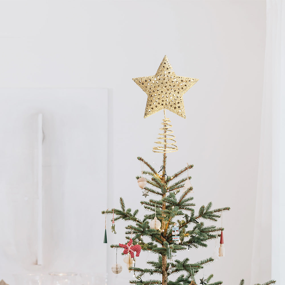 Golden glitter Christmas tree star topper with intricate design, perfect for holiday decorations and home Christmas celebrations.