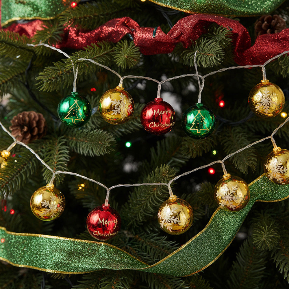Multicoloured Christmas ball ornament string lights from Garden Sanctuary, battery-powered holiday decoration with festive multicolor bulbs.