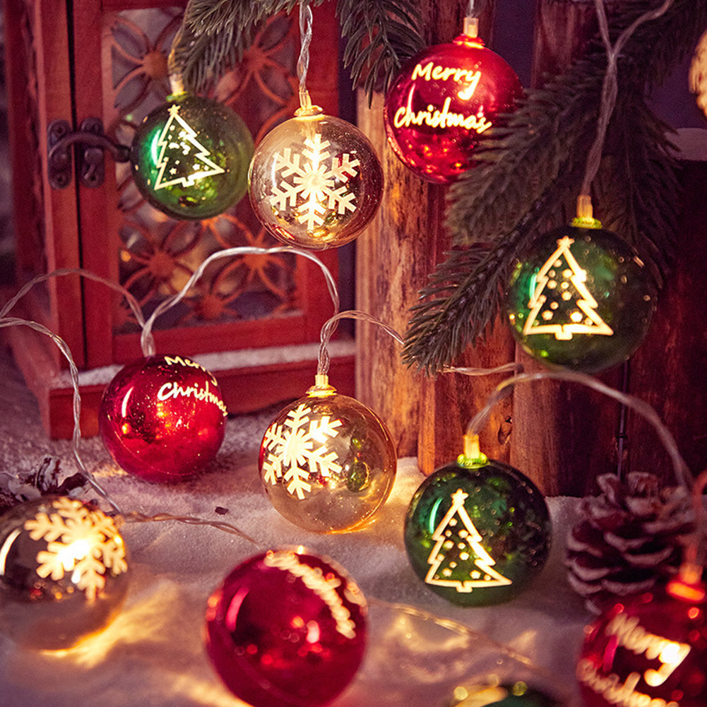 Multicoloured Christmas ball ornament string lights by Garden Sanctuary, battery-powered holiday decoration with vibrant, festive bulbs.