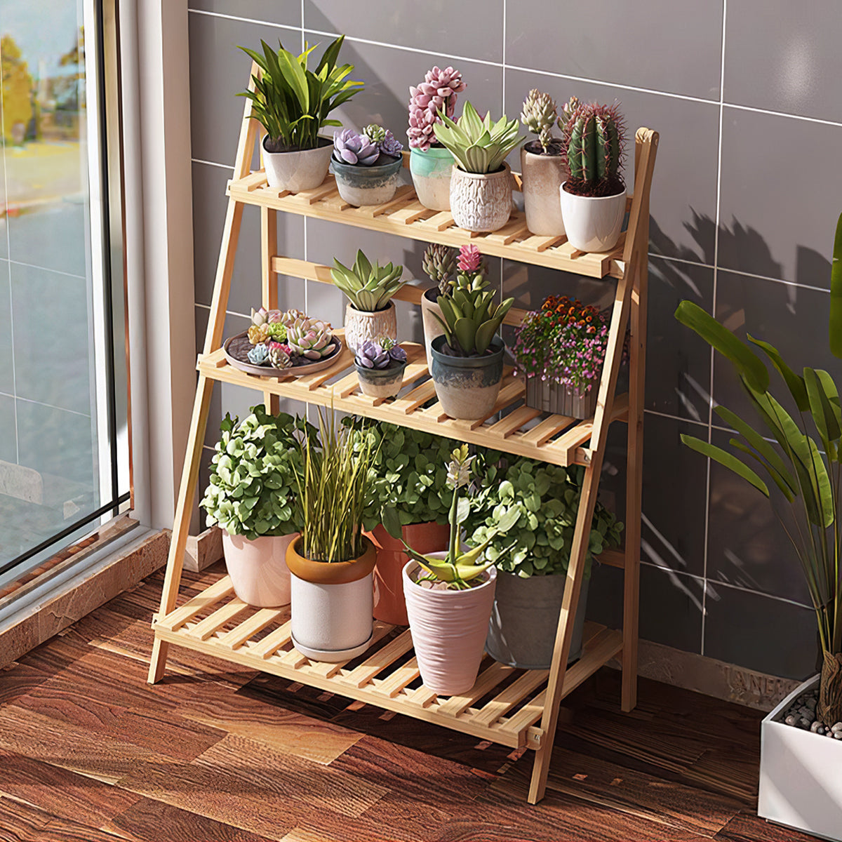 3-Tier Foldable Wooden Ladder Plant Stand
