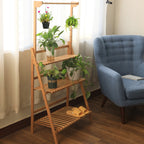 3-Tier Foldable Wooden Ladder Shelf with Hanging Rod