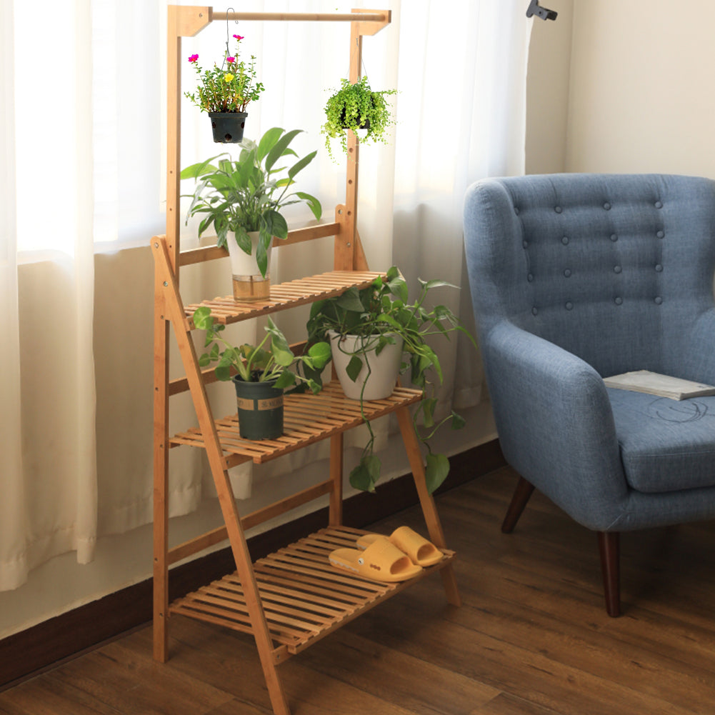 3-Tier Foldable Wooden Ladder Shelf with Hanging Rod