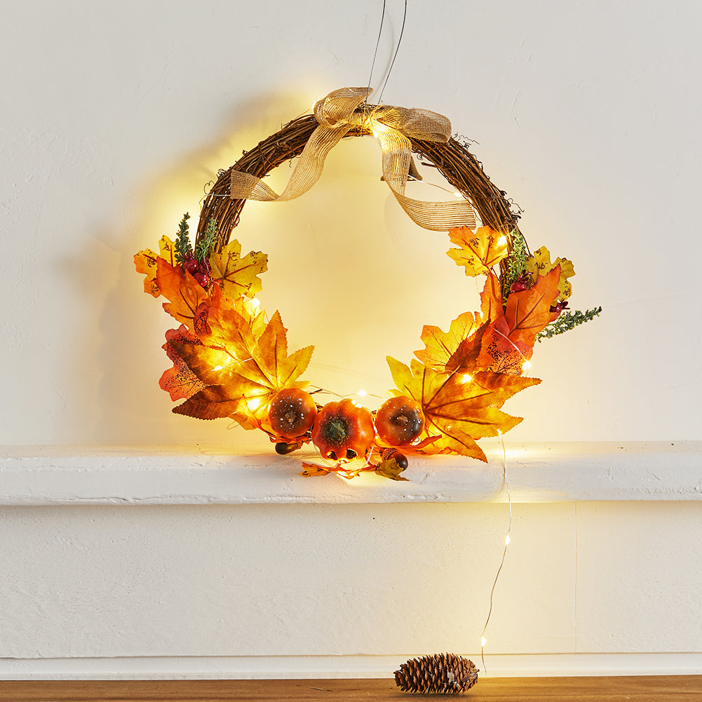 Artificial Pumpkin Maple Leaves Wreath with Bell