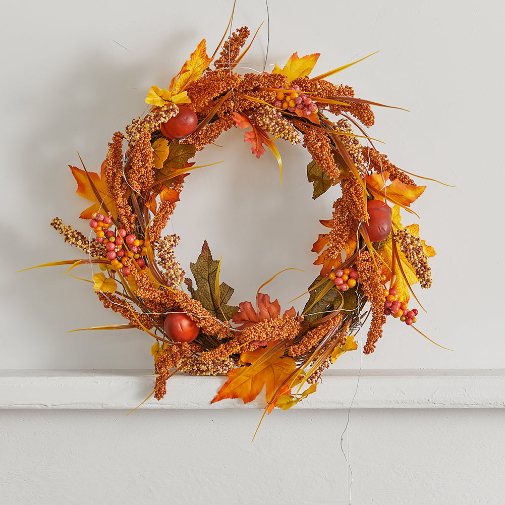 Large Autumn Golden Sorghum Door Wreath with LED Lights
