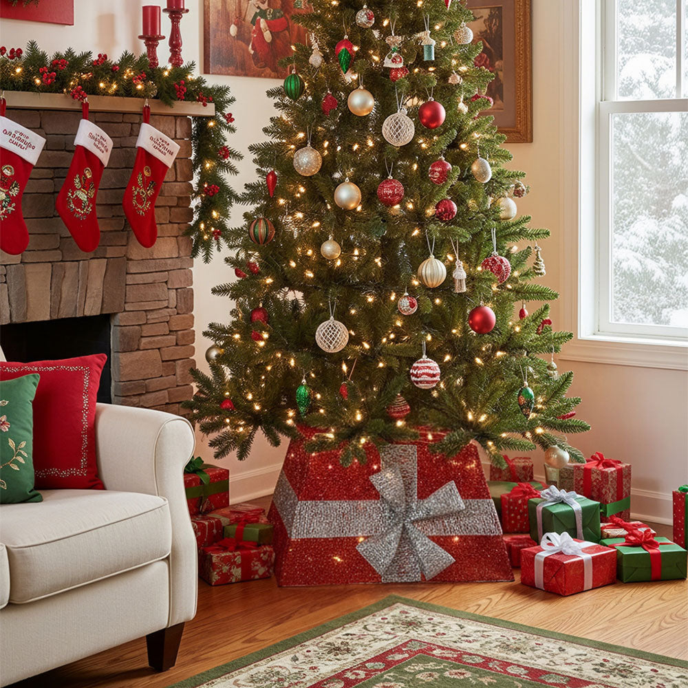Square Garden Sanctuary Christmas tree collar basket with bow tie for festive holiday decor.