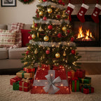 Square Christmas tree collar basket decor from Garden Sanctuary with a festive bow tie, designed to surround the base of the tree.
