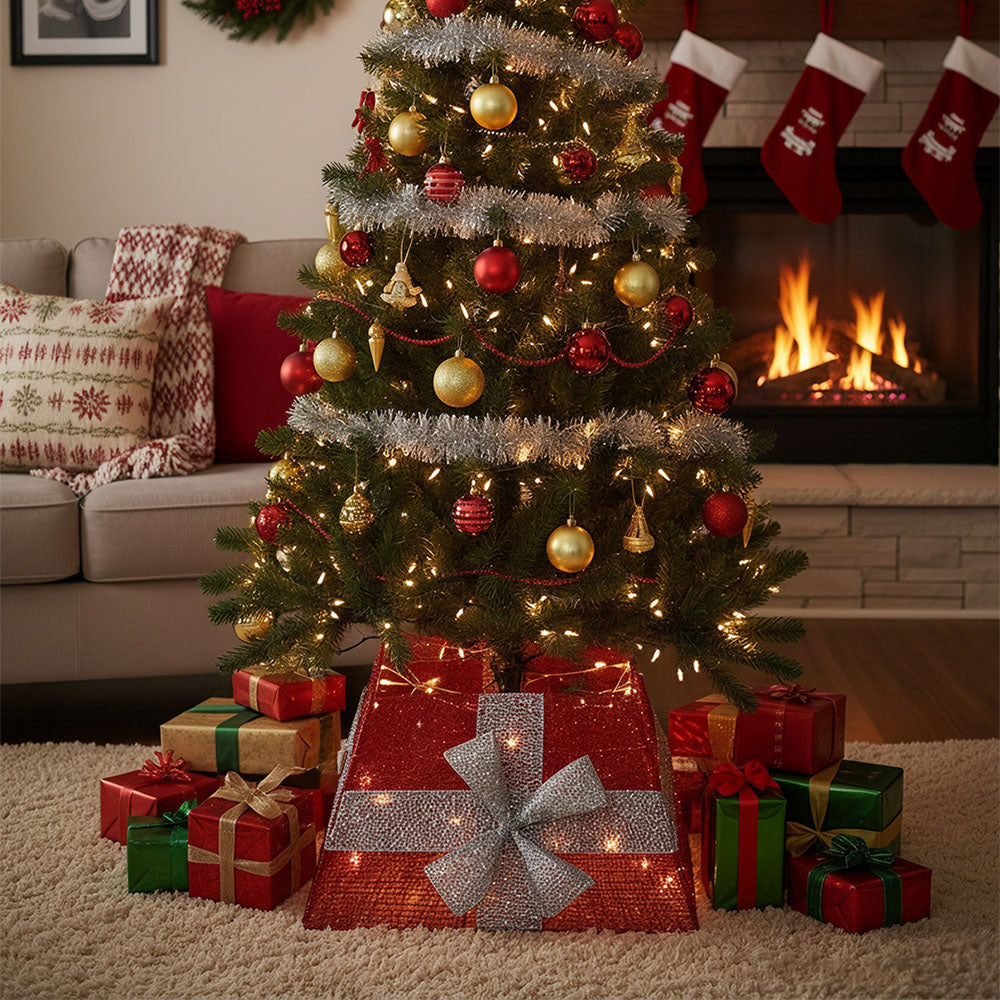 Square Christmas tree collar basket decor from Garden Sanctuary with a festive bow tie, designed to surround the base of the tree.