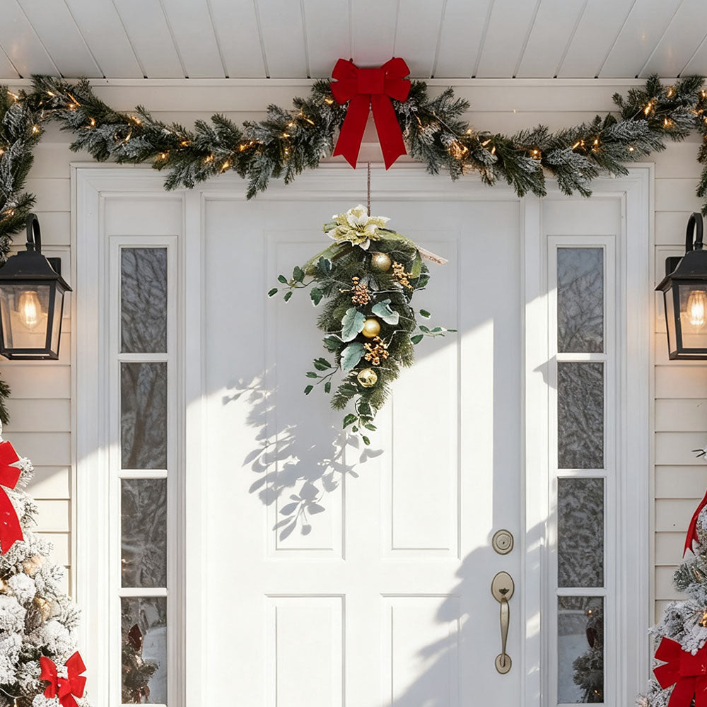 Garden Sanctuary Christmas swag with LED lights, festive holiday decor featuring lush greenery and warm glowing illumination.