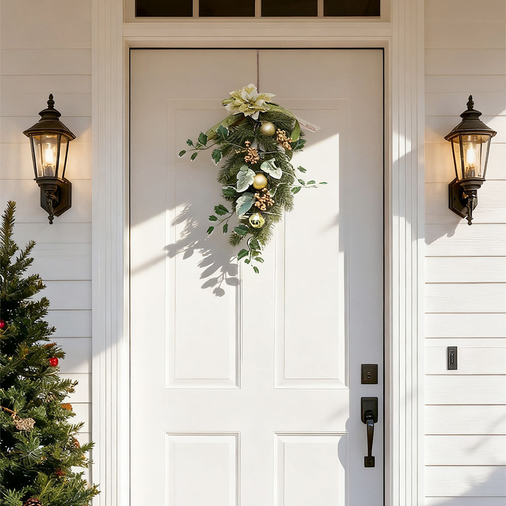 Garden Sanctuary Christmas swag with LED lights for holiday decor, featuring festive greenery and warm glowing lights.