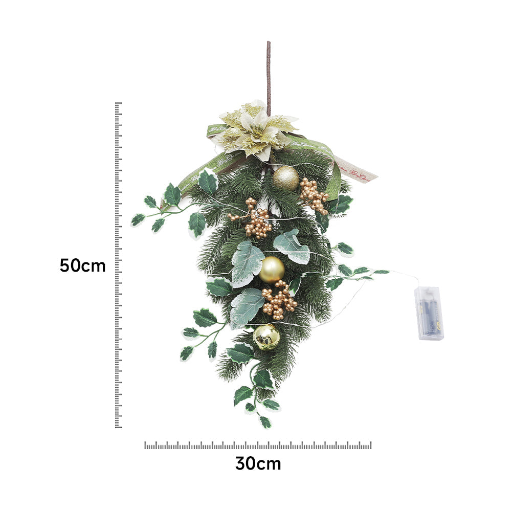 Garden Sanctuary Christmas swag with LED lights, festive holiday decor featuring greenery and glowing accents for seasonal ambiance.