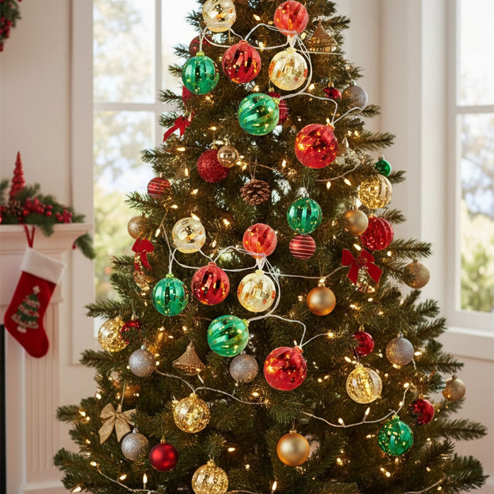 Multicoloured Christmas ball ornament string lights by Garden Sanctuary, battery-powered holiday decoration with vibrant, festive bulbs.