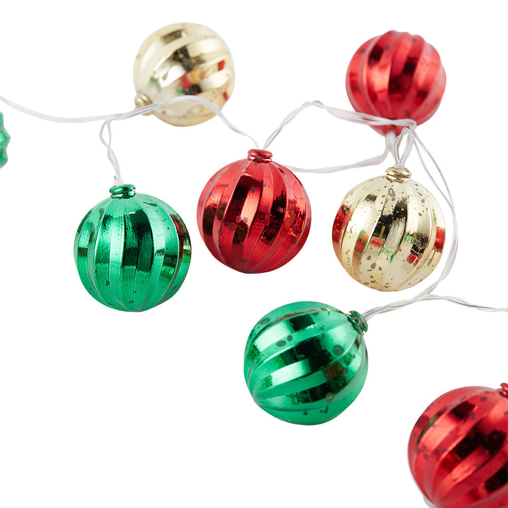 Multicoloured Christmas ball ornaments string lights by Garden Sanctuary, battery-powered holiday decoration with festive lights.