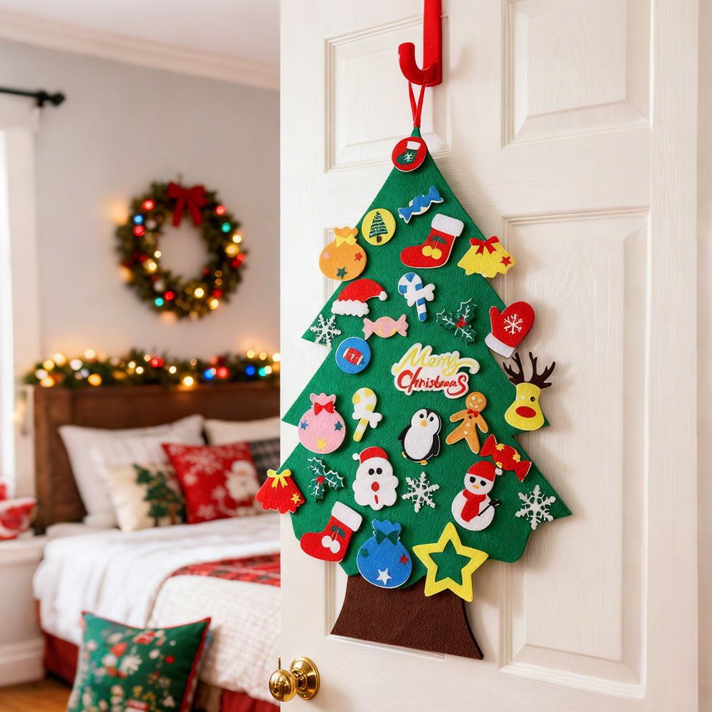 DIY felt Christmas tree with removable ornaments, kid-friendly hanging decor by Garden Sanctuary, suitable for holiday crafts and decorations.