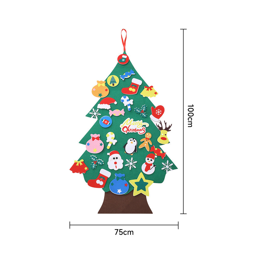 DIY Felt Christmas tree with colorful detachable ornaments hanging on a wall, designed for kids' holiday holiday decoration.