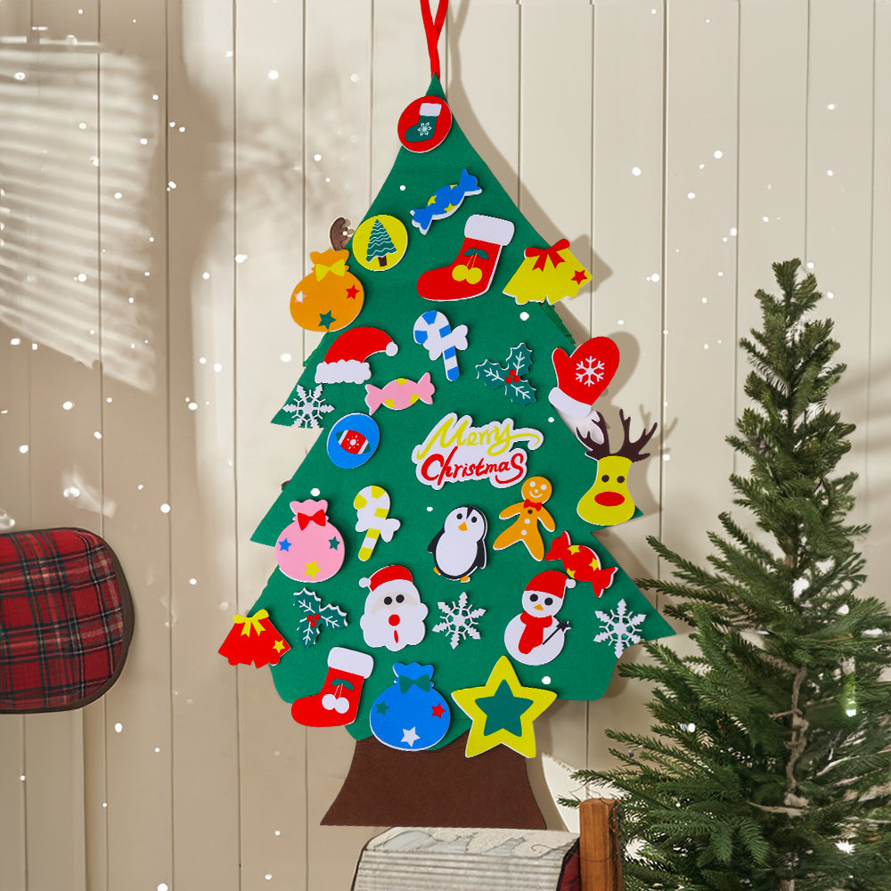 DIY felt Christmas tree with hanging ornaments, colorful felt decorations, and detachable ornaments for kids' holiday craft fun.