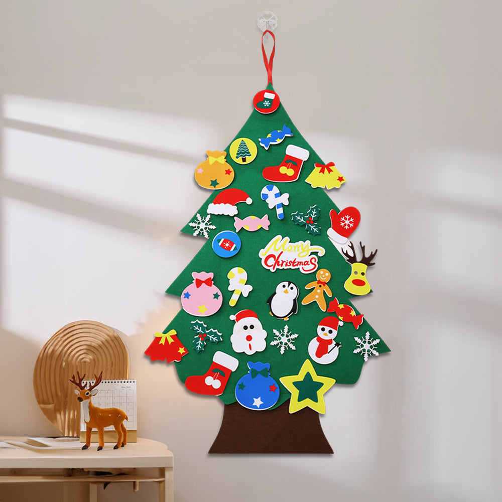 DIY Felt Christmas Tree from Garden Sanctuary with colorful detachable ornaments, perfect holiday hanging decor for kids.