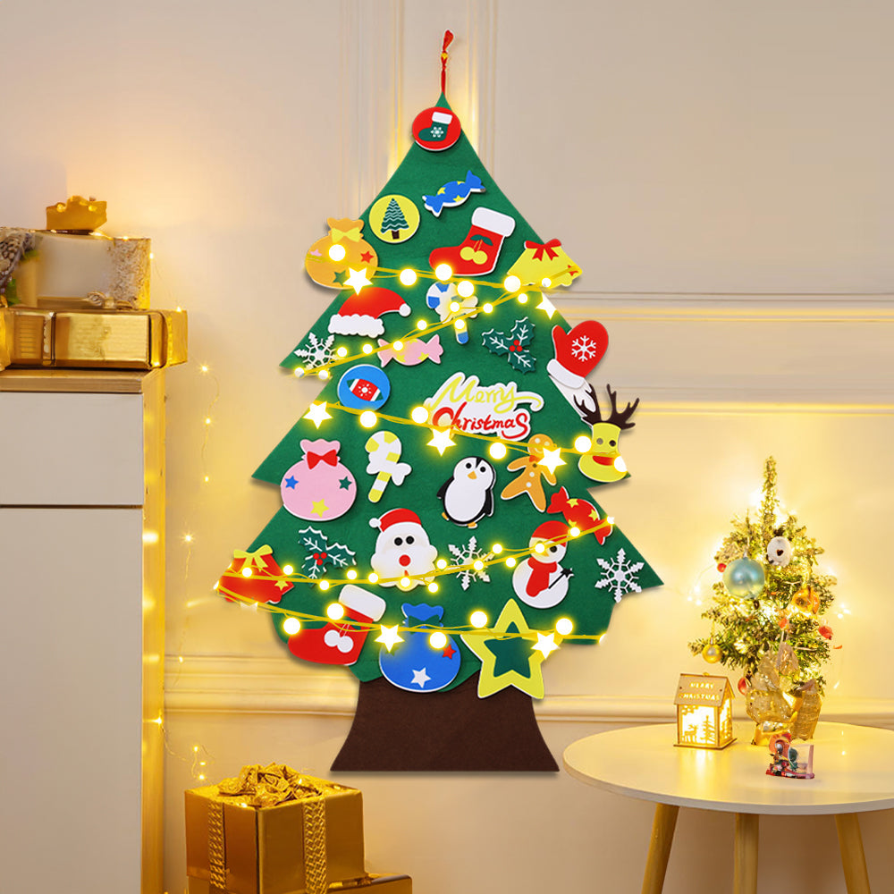 DIY felt Christmas tree with detachable ornaments, colorful hanging decor for kids, by Garden Sanctuary, perfect for holiday craft activities.