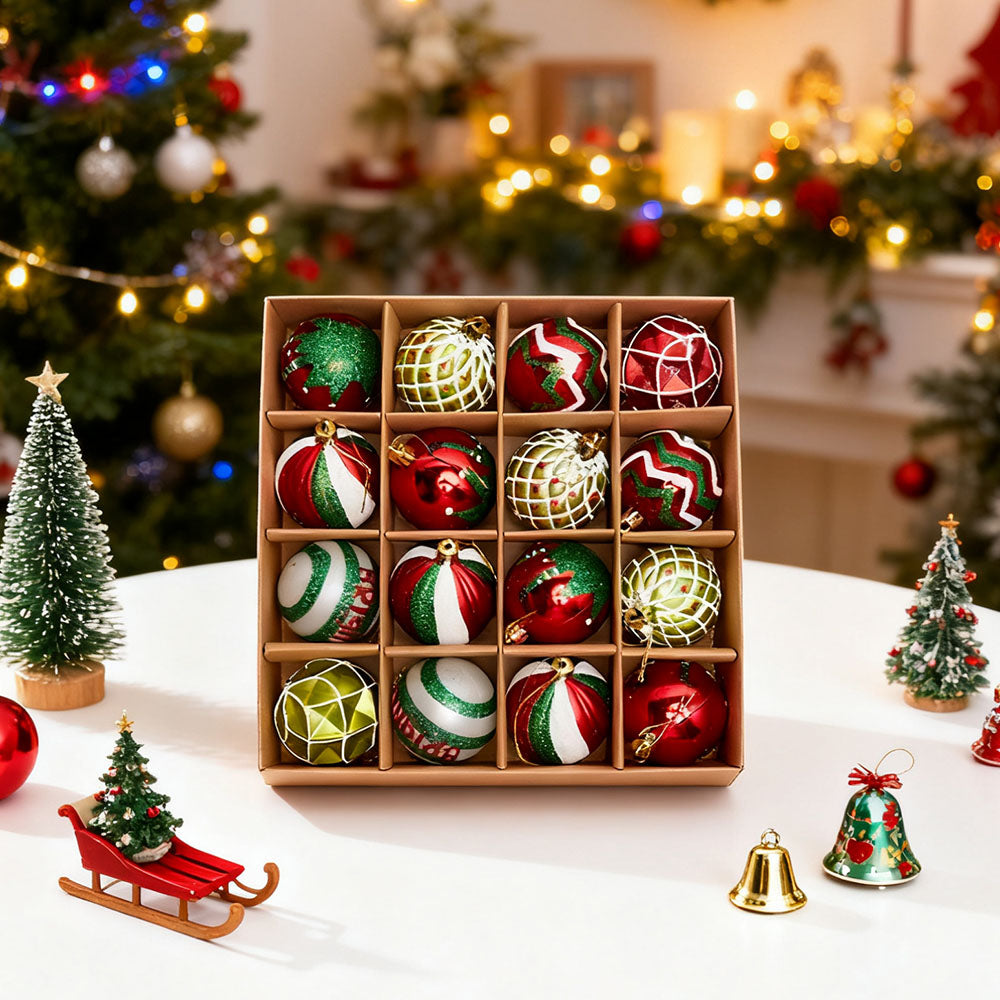 Set of 16 Garden Sanctuary Christmas hanging ball decorations with festive red, gold, and silver ornaments for holiday decor.