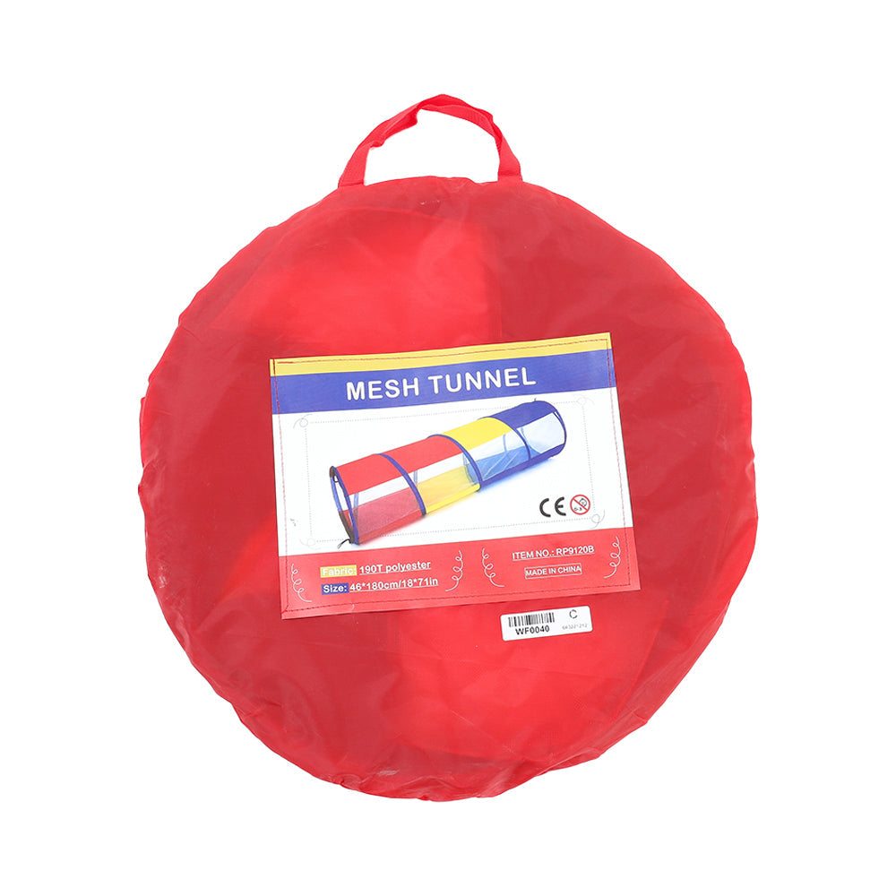Colorful 6ft pop-up play tunnel for kids, multicoloured Garden Sanctuary crawl tunnel, lightweight and easy to set up.
