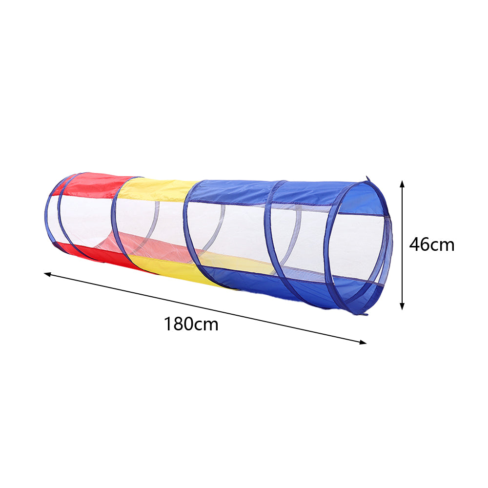 Colorful 6-foot pop-up play tunnel for kids by Garden Sanctuary, perfect for crawling and active fun in vibrant multicolored design.